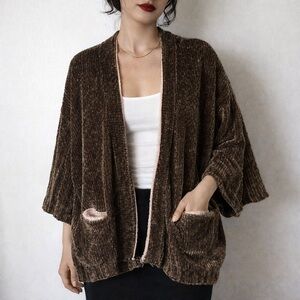 Anthropologie‎ Moth Chenille Open Front Cardigan Olive Green Brown Medium